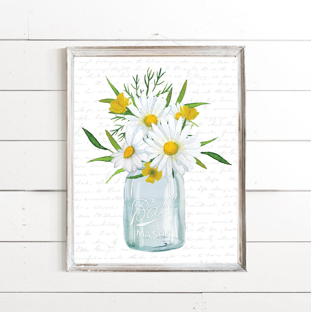 Blue Mason Jar Daisy Wildflower Ball Mason Jar Print 