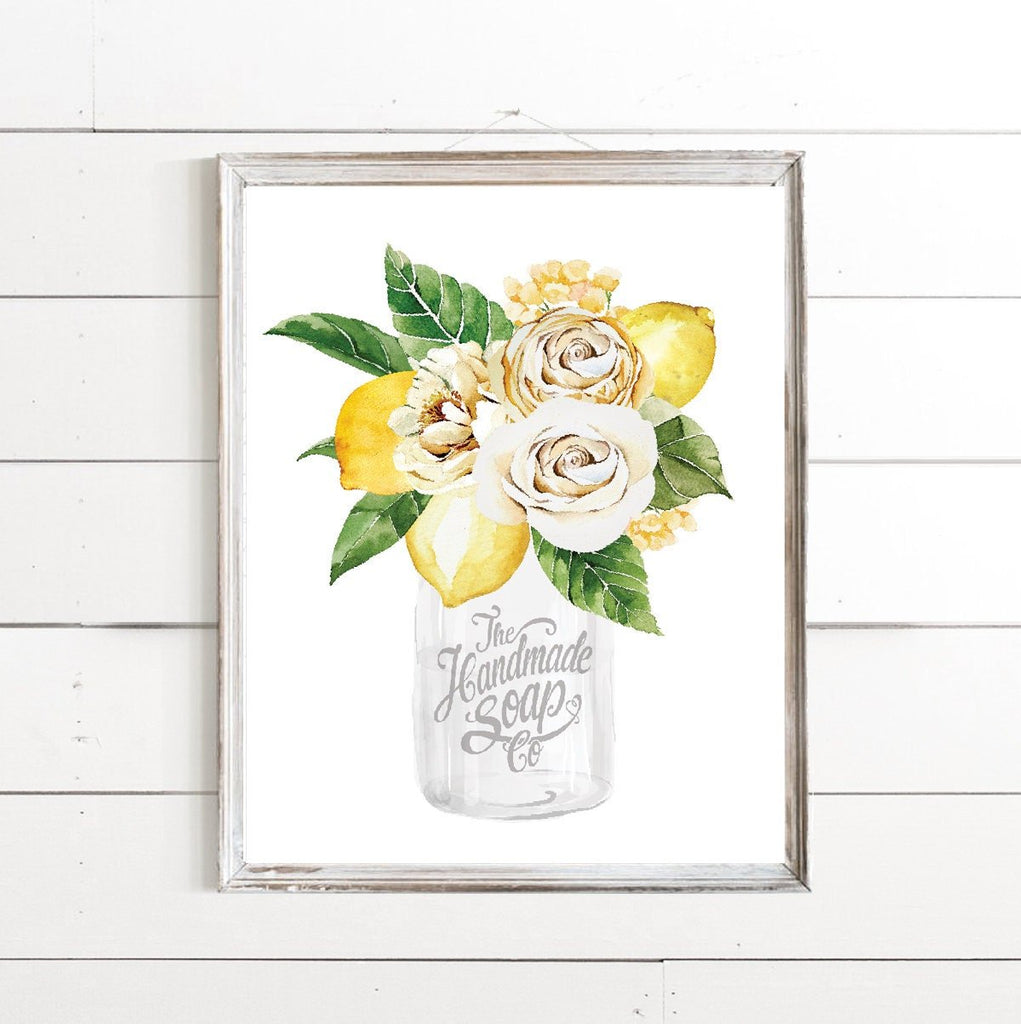 White Mason Jar Lemon Sunny Flowers The Handmade Soap Co - Lettered & Lined