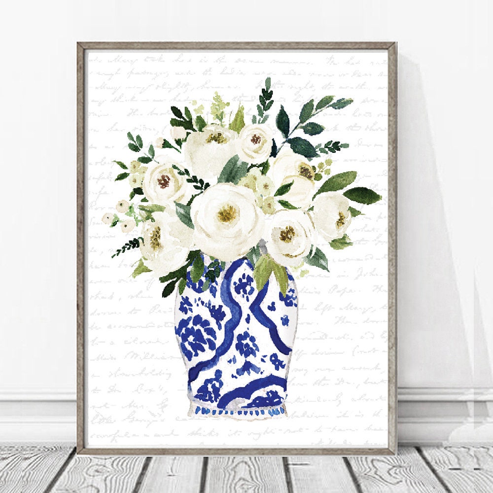 Blue and White Vase White Flowers Print 