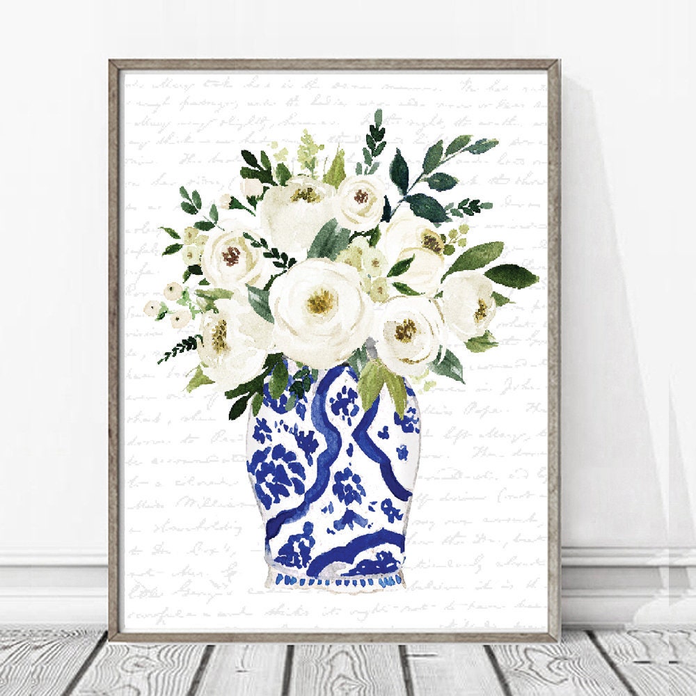 Blue and White Vase White Flowers Print 