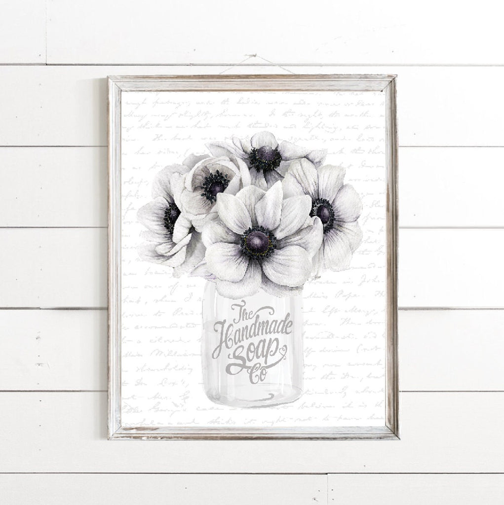 White Mason Jar Anemone Flowers The Handmade Soap Co Text Print 