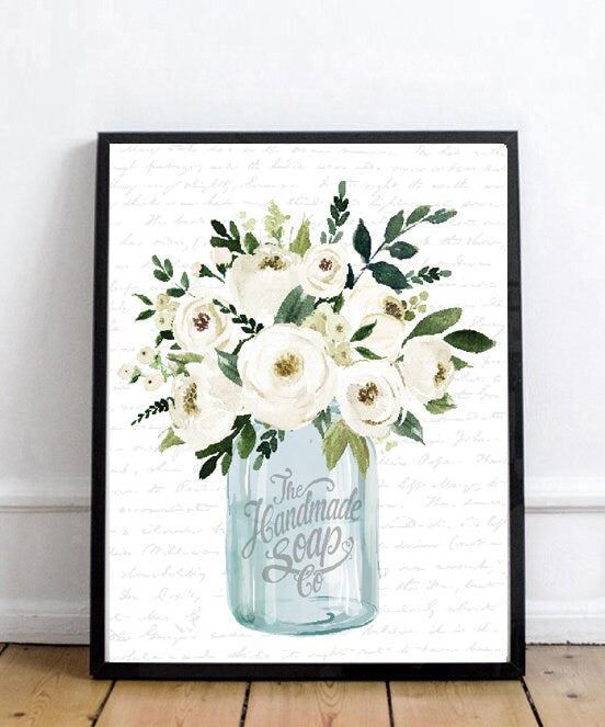 Blue Mason Jar White Watercolor Small Floral The Handmade Soap Co Print 