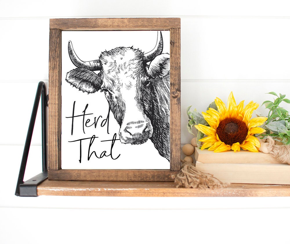 Herd That Script Cow Illustration Custom Bathroom Wall Art Decor | Farmhouse Bathroom Decor | Bathroom Wall Art Signs | Funny Bathroom Sign