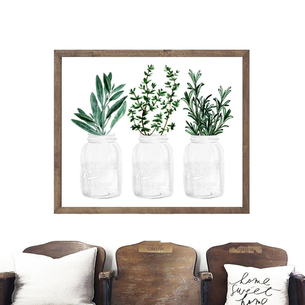 White Mason Ball Jars Herbs Rosemary Thyme Sage Watercolor Print (no frame) 