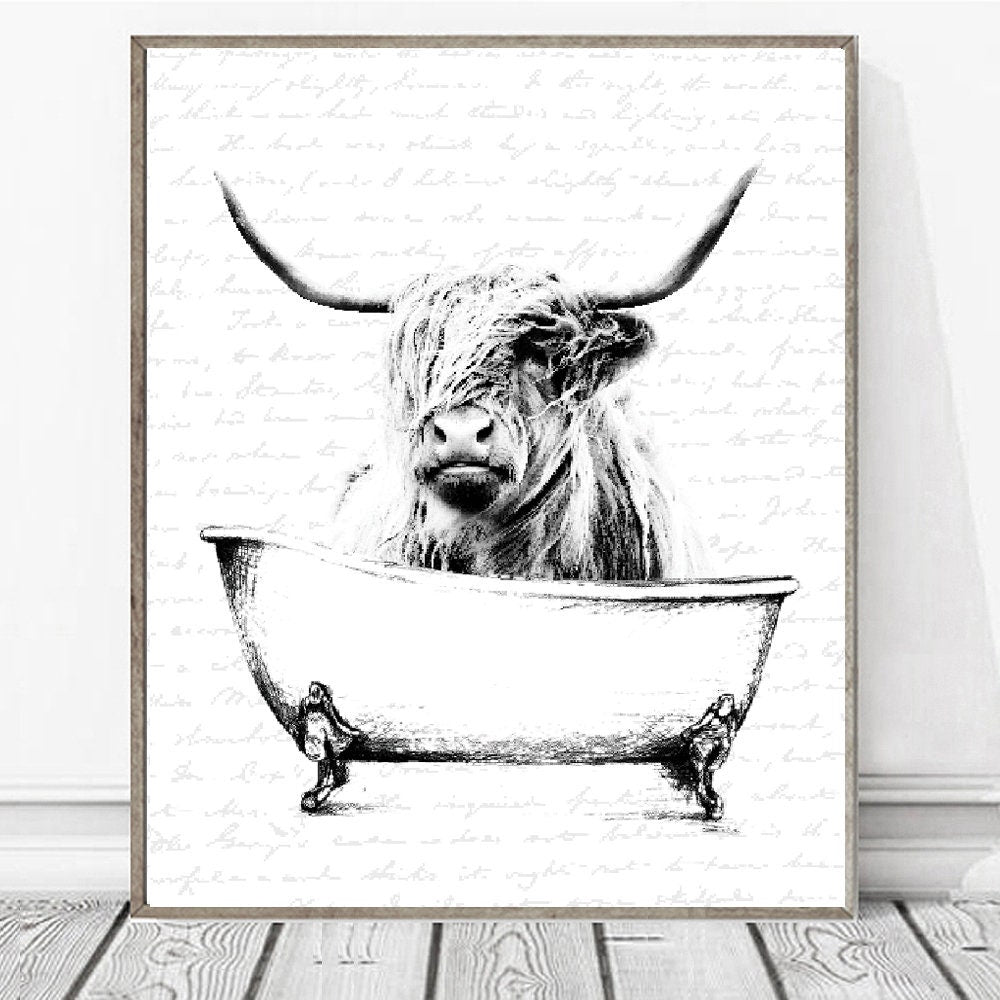 Highland Cow White Clawfoot Bathtub Custom Bathroom Wall Decor | Farmhouse Bathroom Art | Bathroom Wall Art Signs | Funny Bathroom Sign