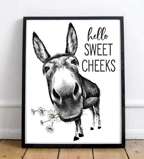 Hello Sweet Cheeks Donkey Body Daisies Bathroom Wall Art | Bathroom Wall Decor | Farmhouse Bathroom Decor | Bathroom Signs | Vintage Prints