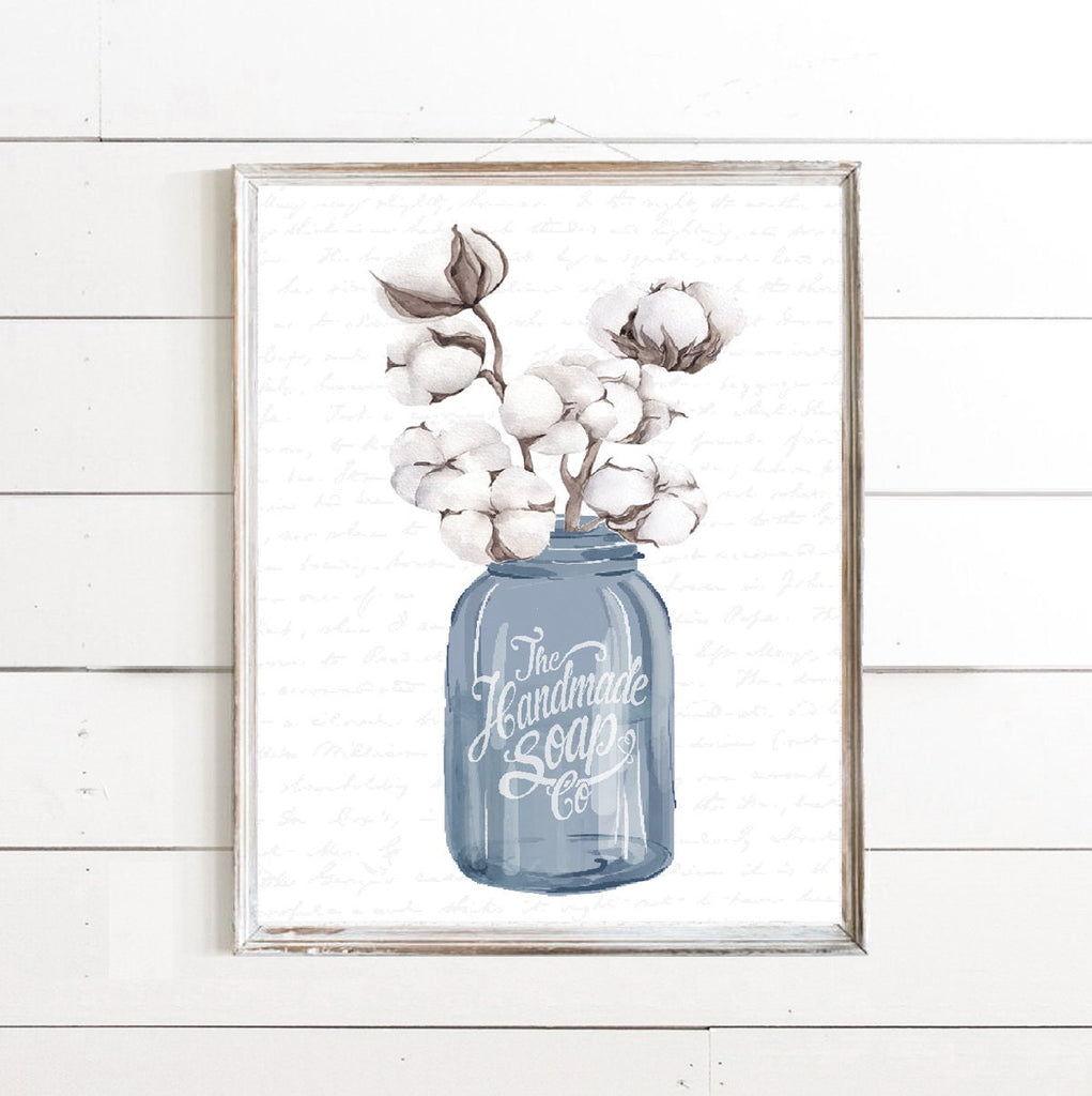 Navy Mason Jar Cotton Stems Bouquet Print 