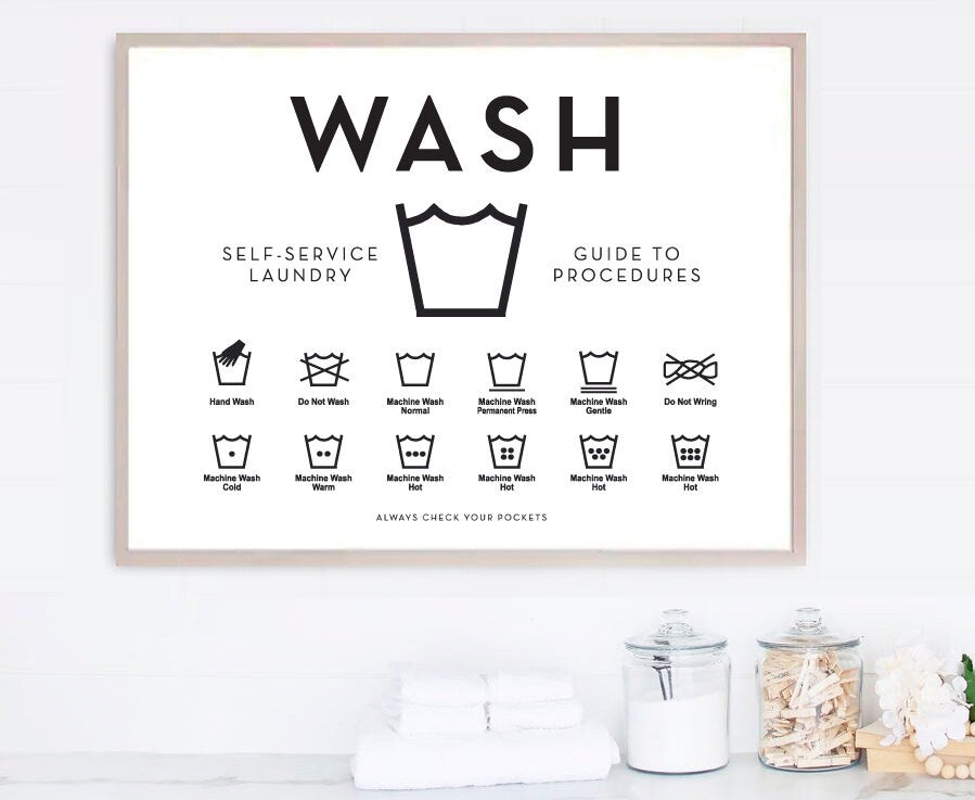 Laundry Room Wash Dry Guide To Procedures Symbols Print Set Horizontal 