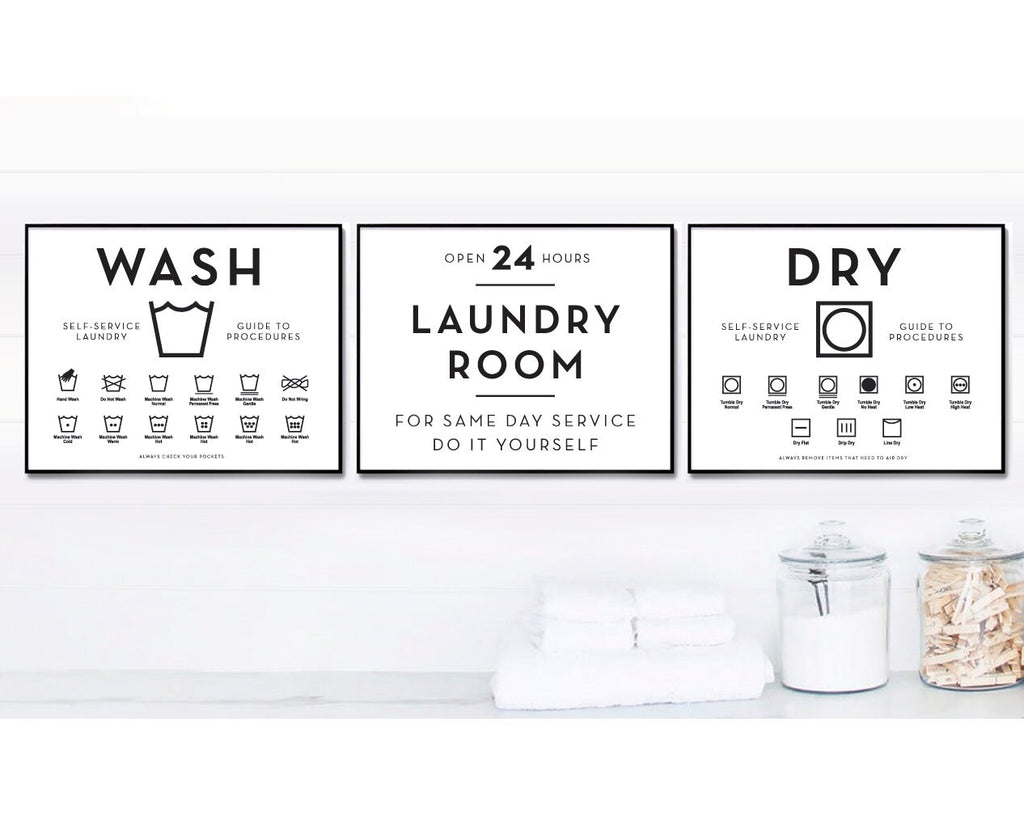 Laundry Room Wash Dry Guide To Procedures Symbols Print Set Horizontal 