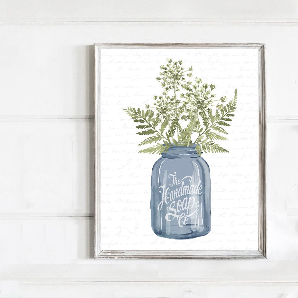 Ferns and Greenery Bouquet White Mason Jar Handmade Soap Print 