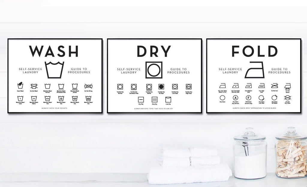 Laundry Room Wash Dry Guide To Procedures Symbols Print Set Horizontal 