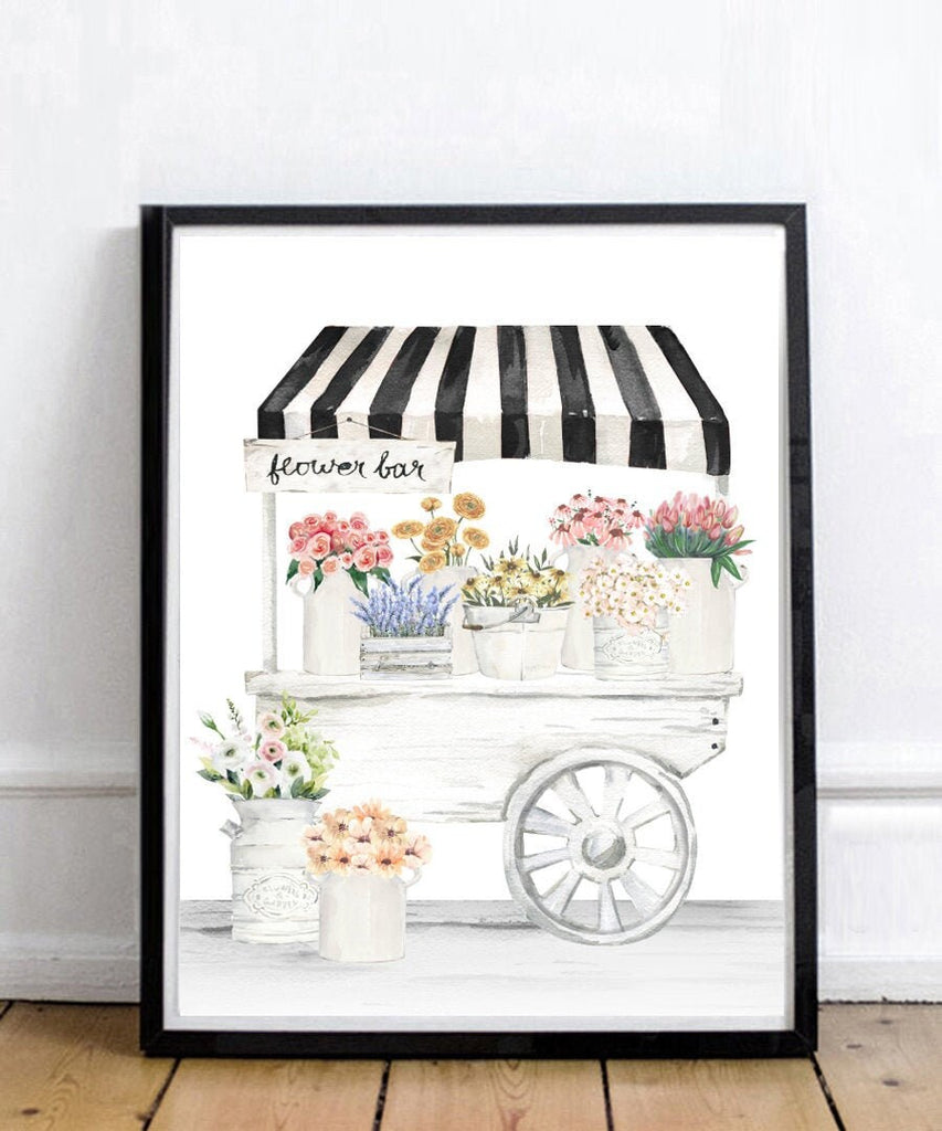 Flower Bar Cart Watercolor Illustration Print 