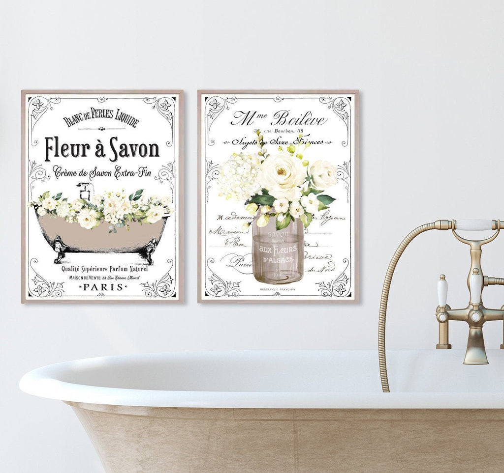 French Bathroom SET of 2 Prints, Natural 