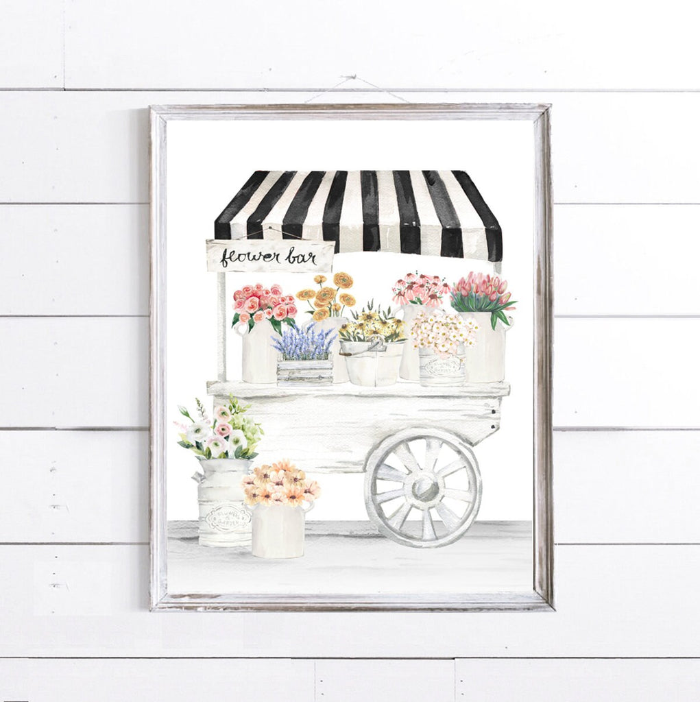Flower Bar Cart Watercolor Illustration Print 