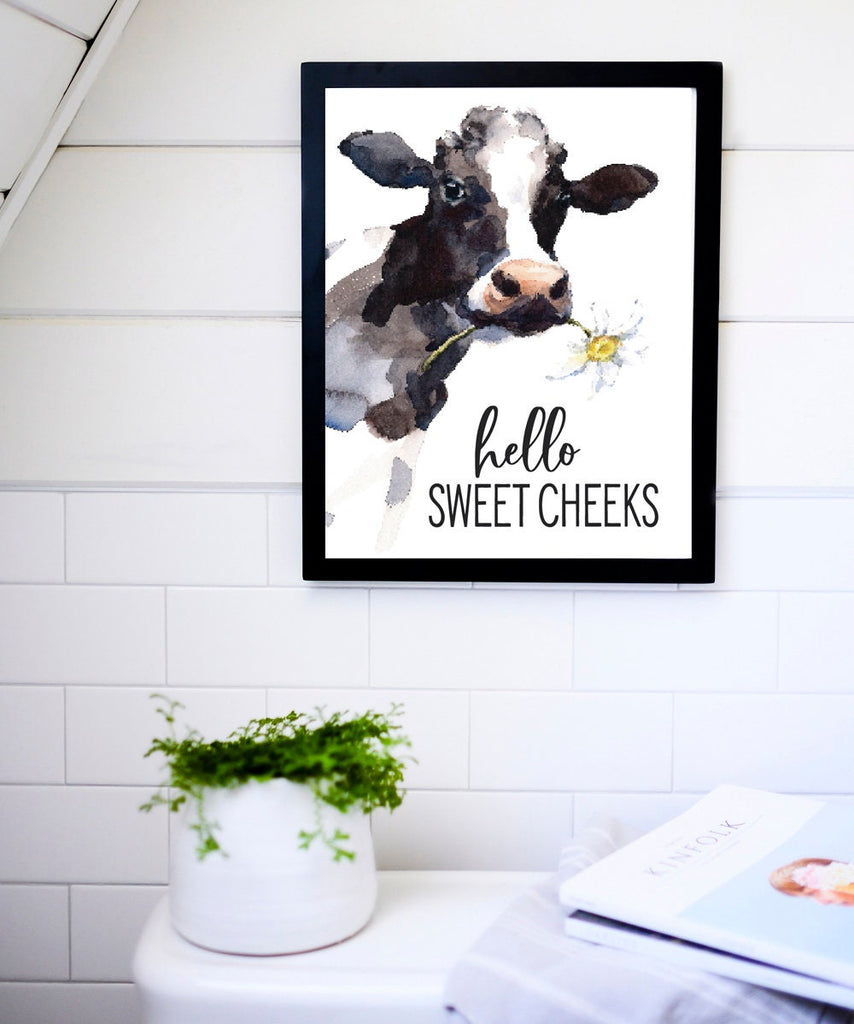 Hello Sweet Cheeks Cow Watercolor Custom Bathroom Wall Art Decor | Farmhouse Bathroom Decor | Bathroom Wall Art Signs | Vintage Art Prints