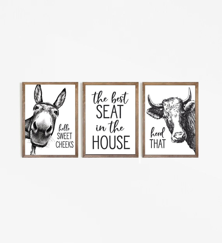 Set of 3 Bathroom Wall Art: Donkey, Best Seat, Cow | Custom Bathroom Wall Decor | Farmhouse Bathroom Decor | Bathroom Signs | Vintage Prints