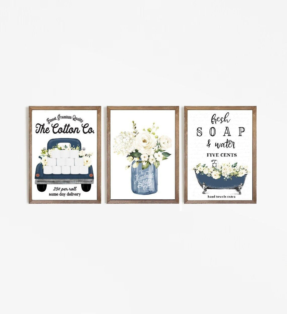 Set of 3 Navy Blue Floral Bathroom - Lettered & Lined