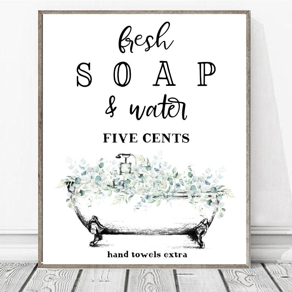 White Clawfoot Tub Fresh Soap Water Five Cents Hand Towels Extra Eucalyptus Floral Print 