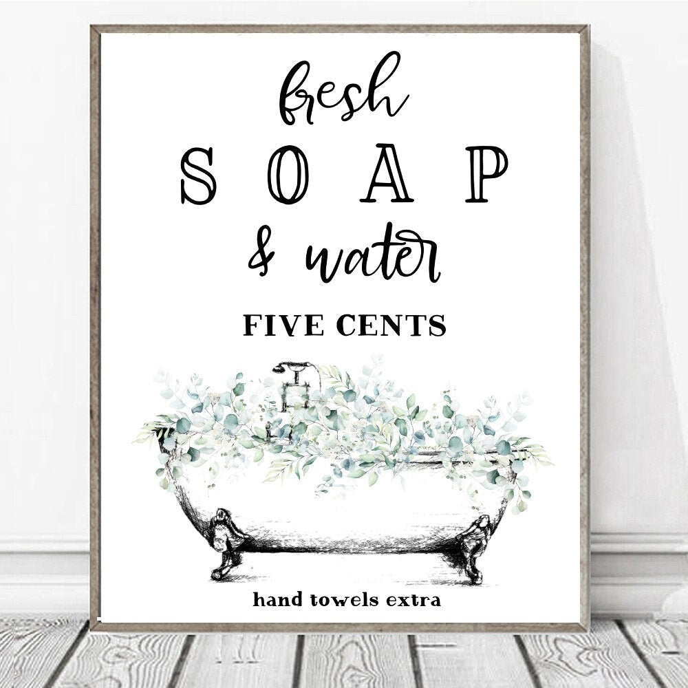 White Clawfoot Tub Fresh Soap Water Five Cents Hand Towels Extra Eucalyptus Floral Print 