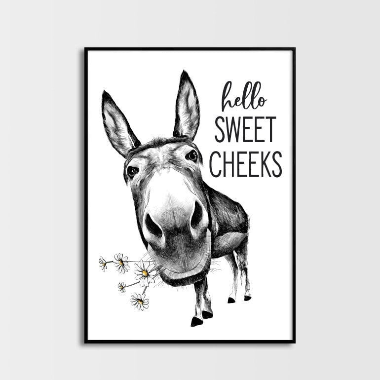 Hello Sweet Cheeks Donkey Body Daisies Bathroom Wall Art | Bathroom Wall Decor | Farmhouse Bathroom Decor | Bathroom Signs | Vintage Prints