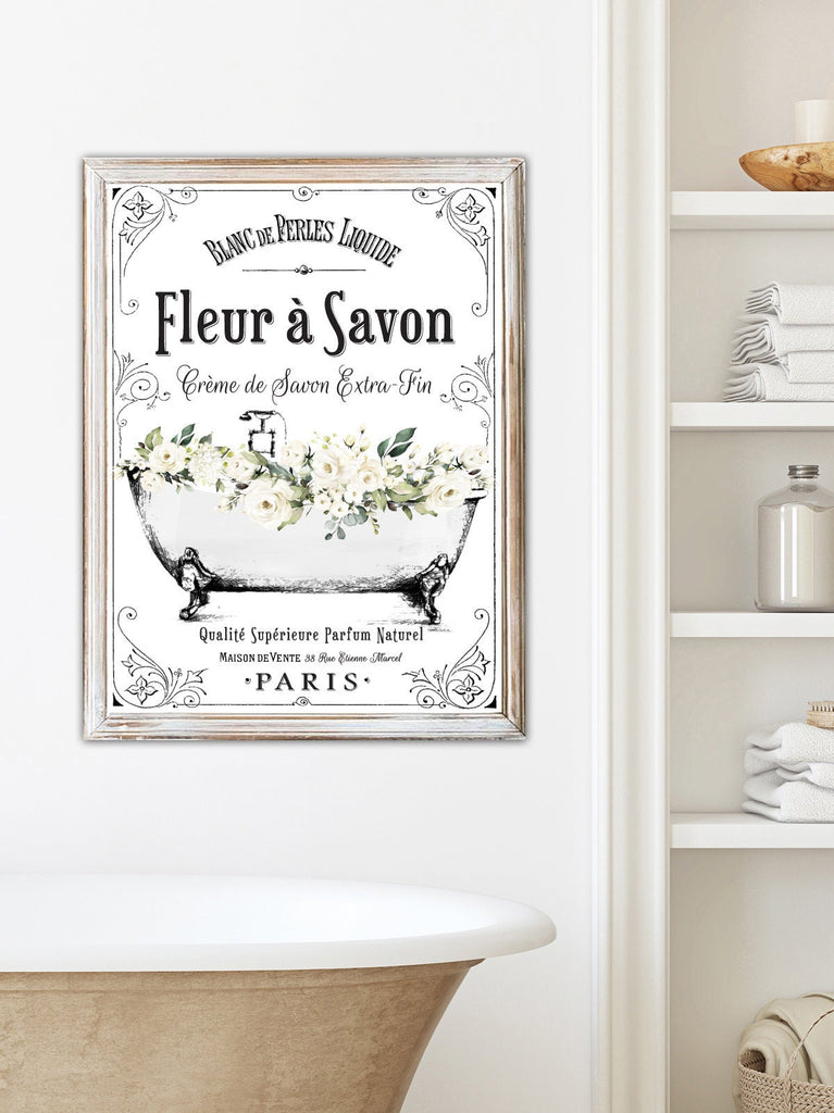 Set of 2 White French Bathroom Wall Art | French Bathroom Decor | French Country Wall Decor | Farmhouse Bathroom Art | Vintage Bathroom Sign