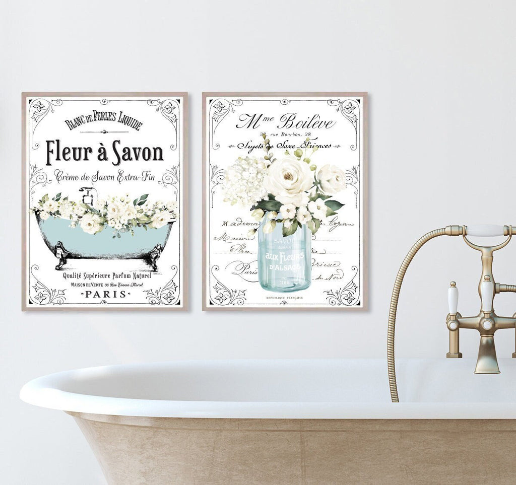 French Bathroom SET 2 Prints, Blue Aqua Floral 
