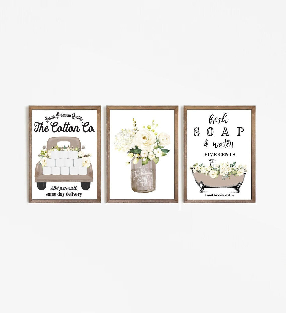 Set of 3 Natural Bathroom Wall Art: The Cotton Co Truck | Custom Bathroom Wall Decor | Farmhouse Bathroom Decor | Bathroom Signs | Vintage