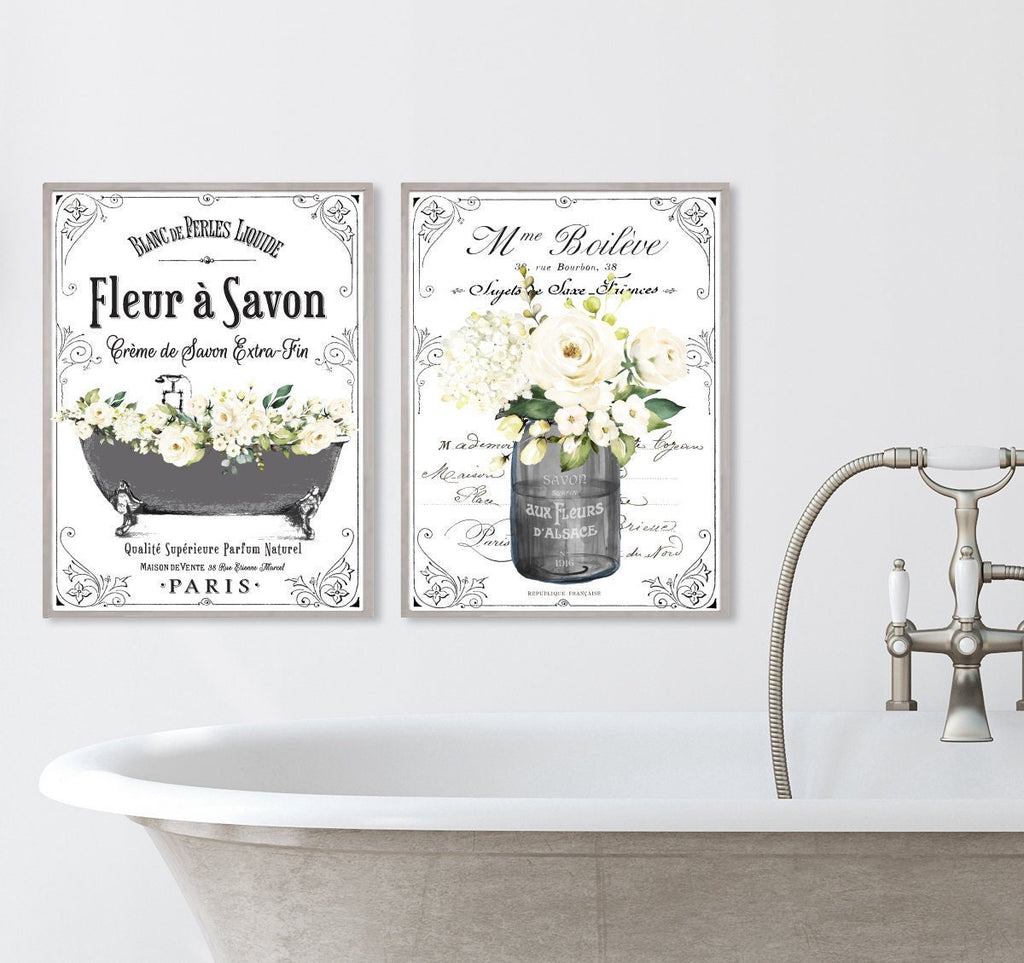 Set of 2 Black and White French Bathroom Wall Art | French Bathroom Decor | French Country | Farmhouse Bathroom Art | Vintage Bathroom Sign