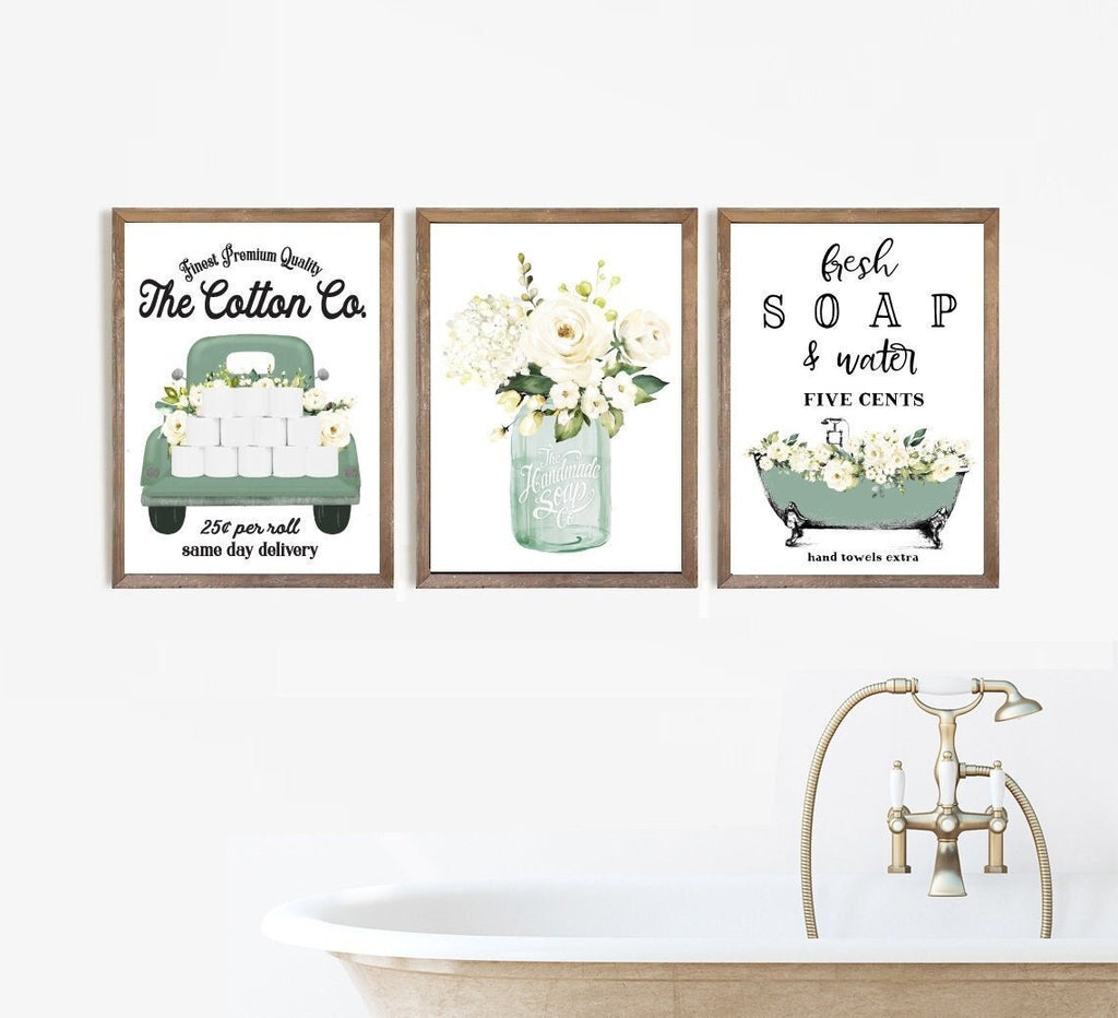 Set of 3 Subtle Green Bathroom Wall Art: The Cotton Co Truck  | Custom Bathroom Wall Decor | Farmhouse Bathroom Decor | Bathroom Signs