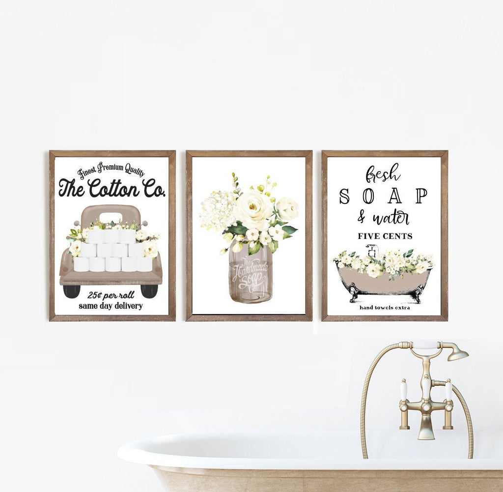 Set of 3 Natural Bathroom Wall Art: The Cotton Co Truck | Custom Bathroom Wall Decor | Farmhouse Bathroom Decor | Bathroom Signs | Vintage