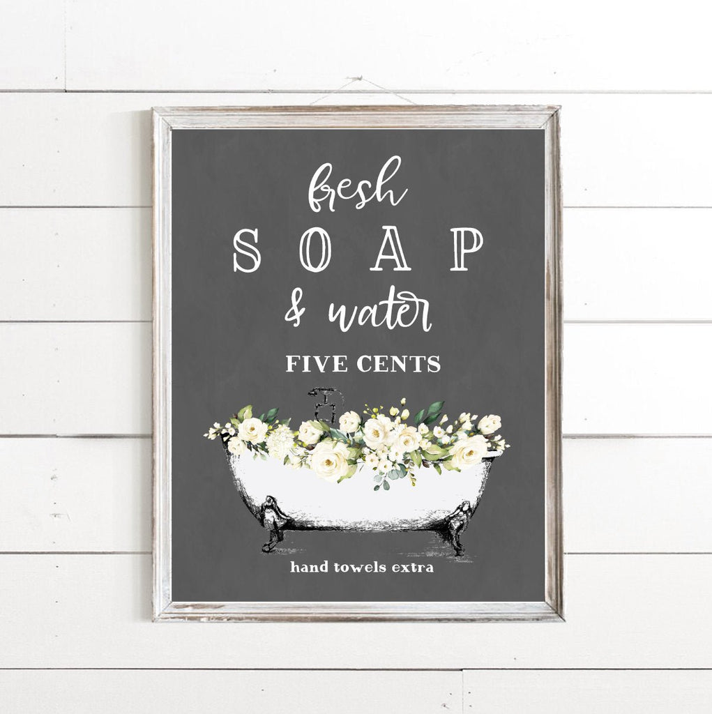 Black & White Chalkboard Bathroom Set of 3 Prints: Cotton Co Truck, White Floral Mason, Fresh Soap Bathtub - Lettered & Lined