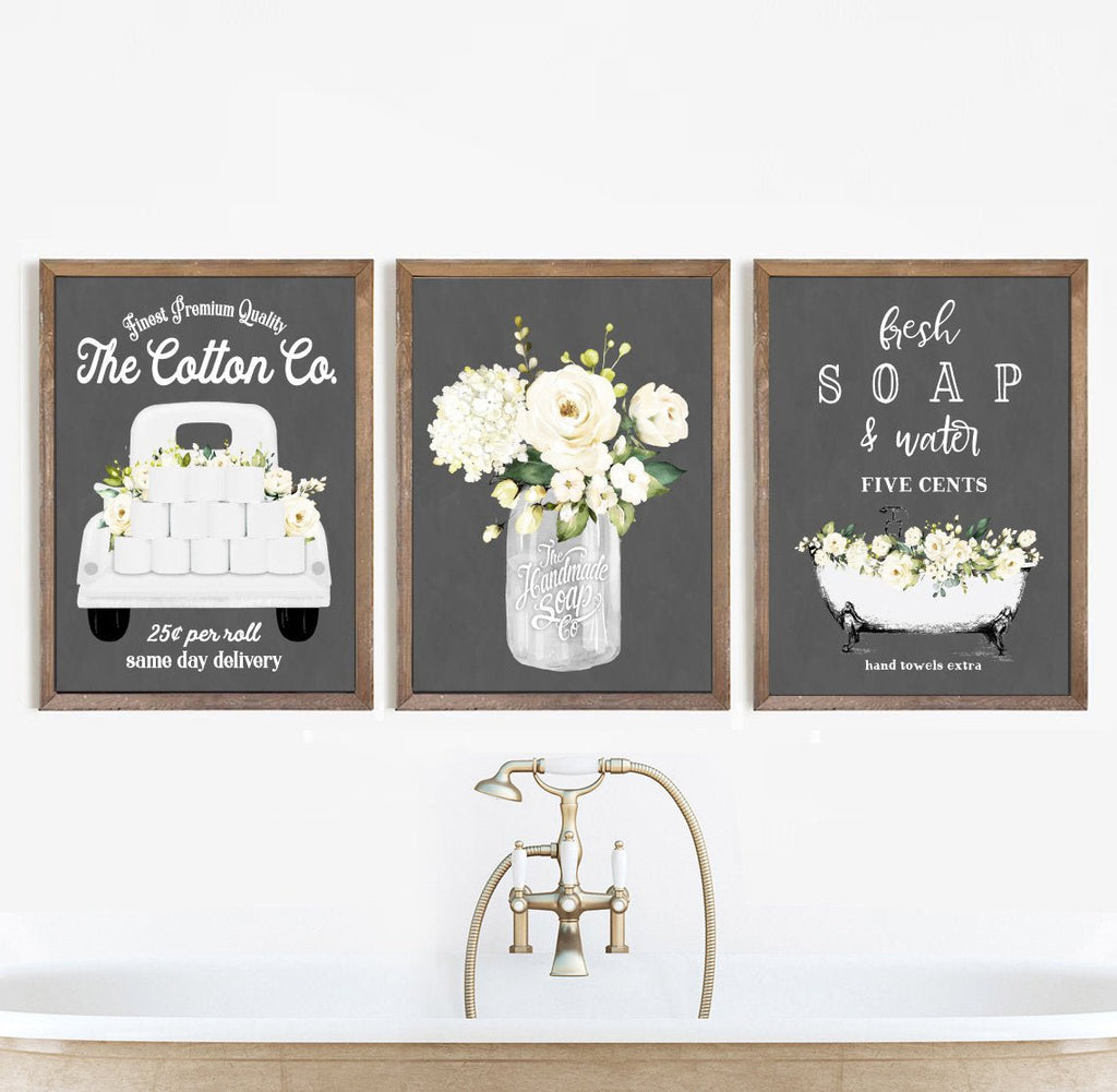 Black & White Chalkboard Bathroom Set of 3 Prints: Cotton Co Truck, White Floral Mason, Fresh Soap Bathtub - Lettered & Lined