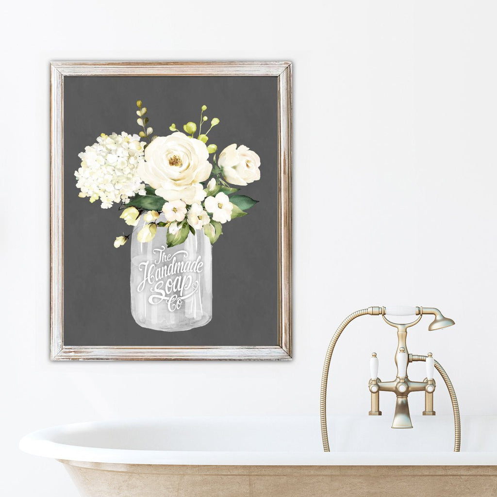 Black & White Chalkboard Bathroom Set of 3 Prints: Cotton Co Truck, White Floral Mason, Fresh Soap Bathtub - Lettered & Lined
