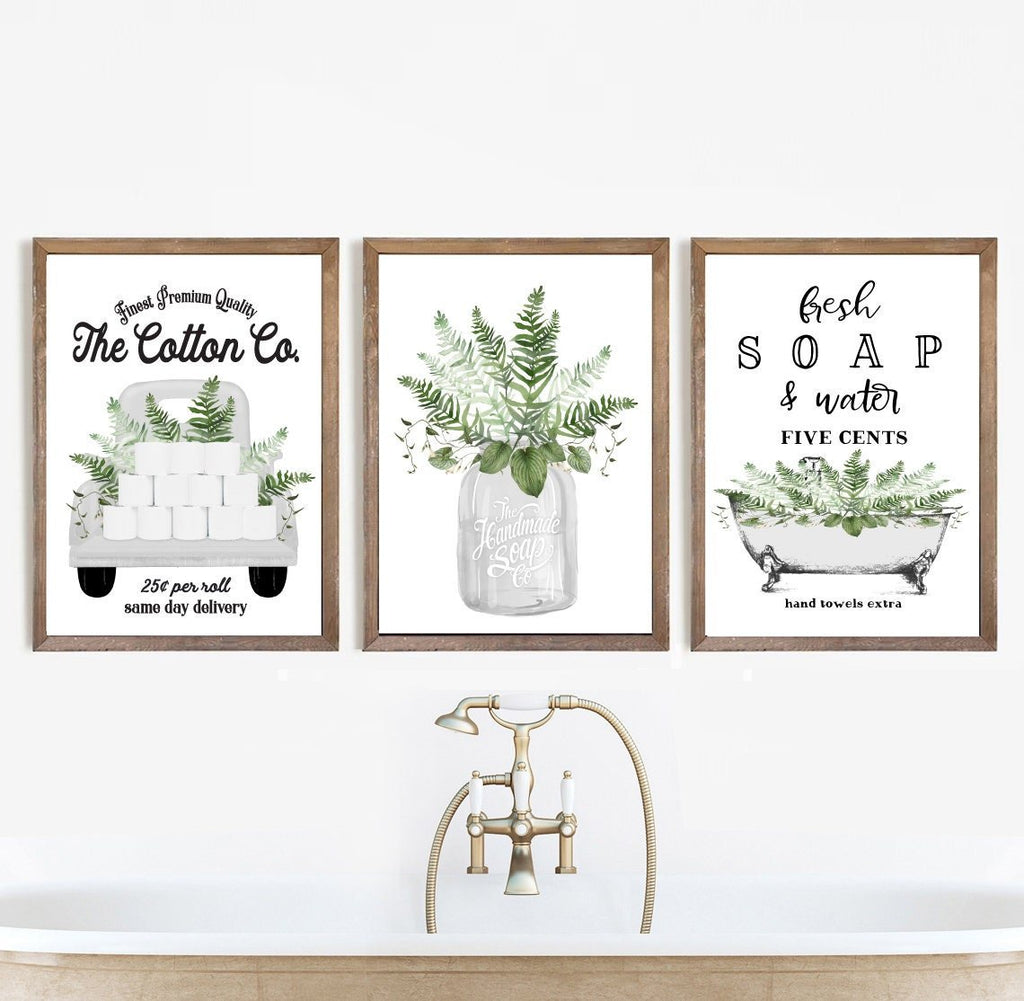 Set of 3 White & Greenery Bathroom - Lettered & Lined