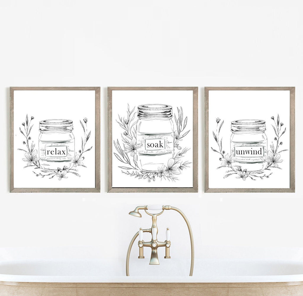 Relax Soak Unwind Mason Jar Prints SET of Three 