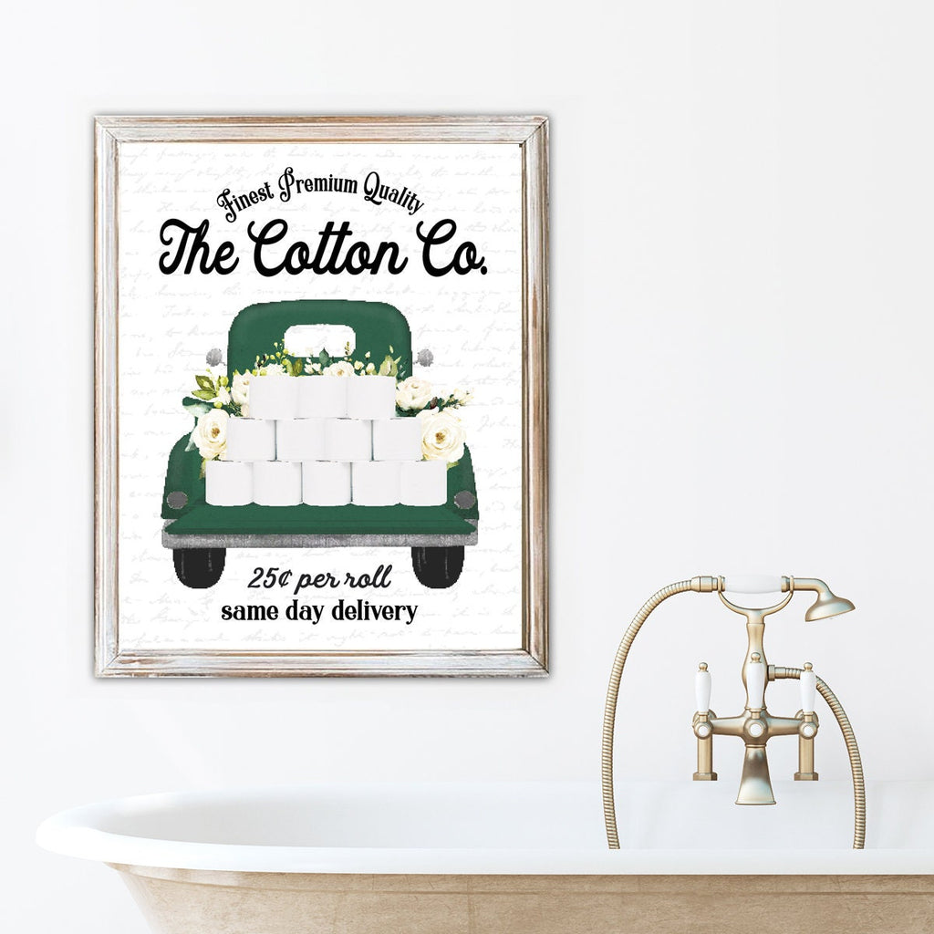 Set of 3 Emerald Green Bathroom Wall Art: The Cotton Co Truck  | Custom Bathroom Wall Decor | Farmhouse Bathroom Decor | Bathroom Signs