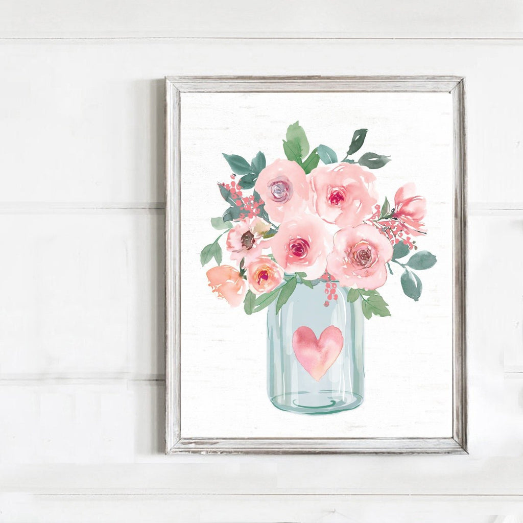 Blue Mason Heart Jar Pink Floral Bouquet - Lettered & Lined