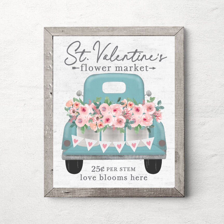 St. Valentine's Flower Market Blue Truck Pink Floral Print 