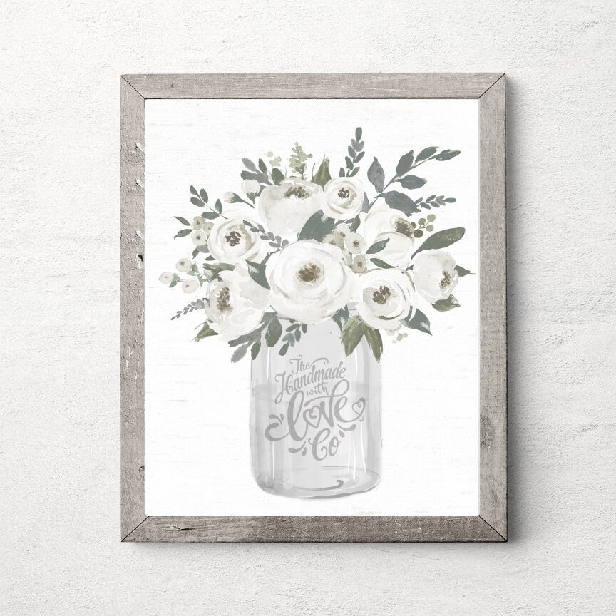 White Mason Jar White Floral Bouquet Print 