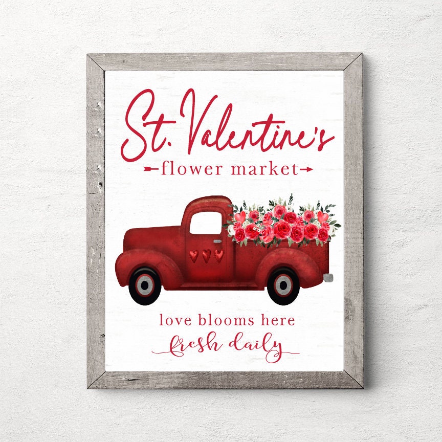 St. Valentine's Flower Market Red Farm Truck Print 