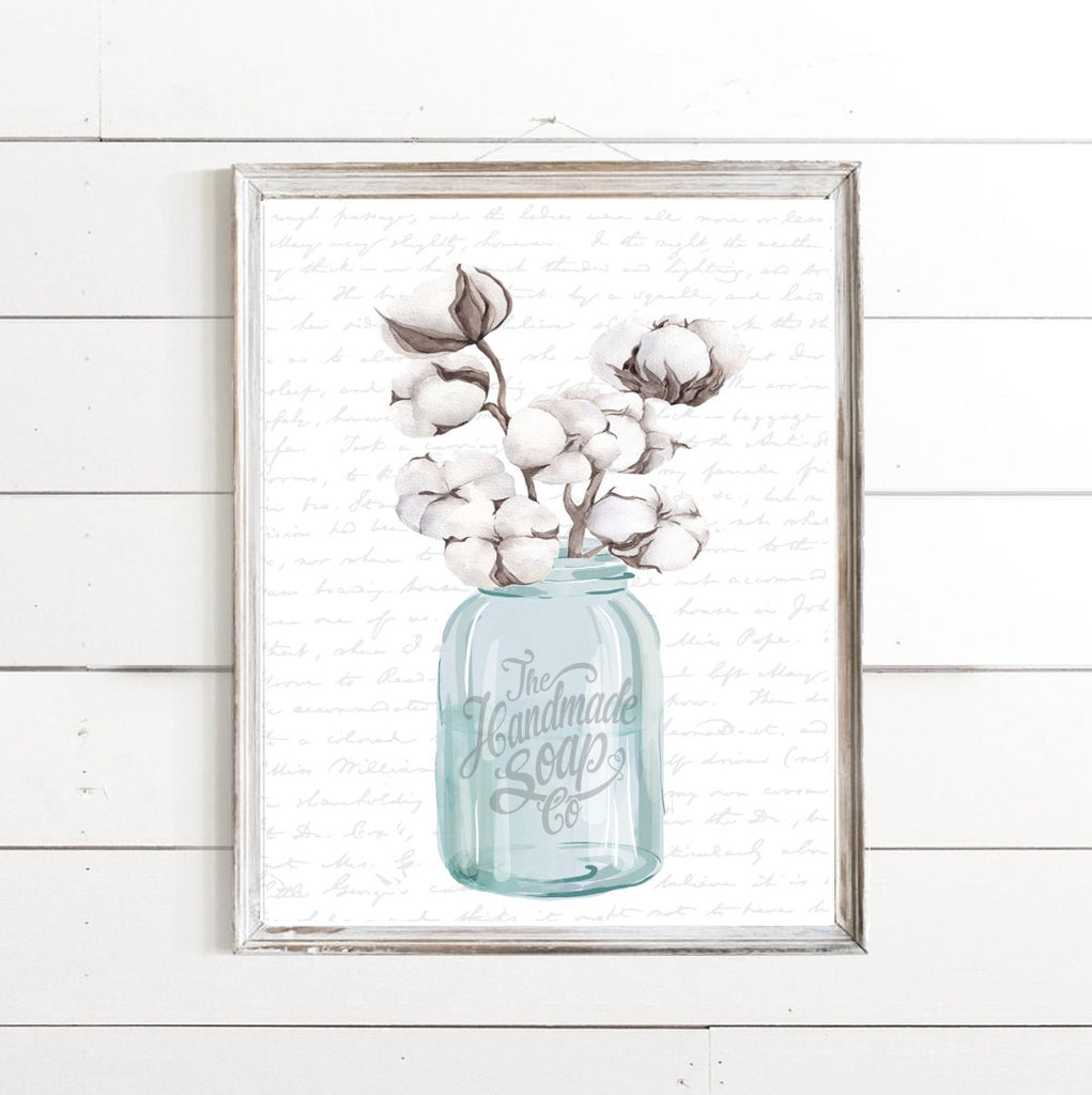 Blue Mason Jar Cotton Stems Bouquet - Lettered & Lined