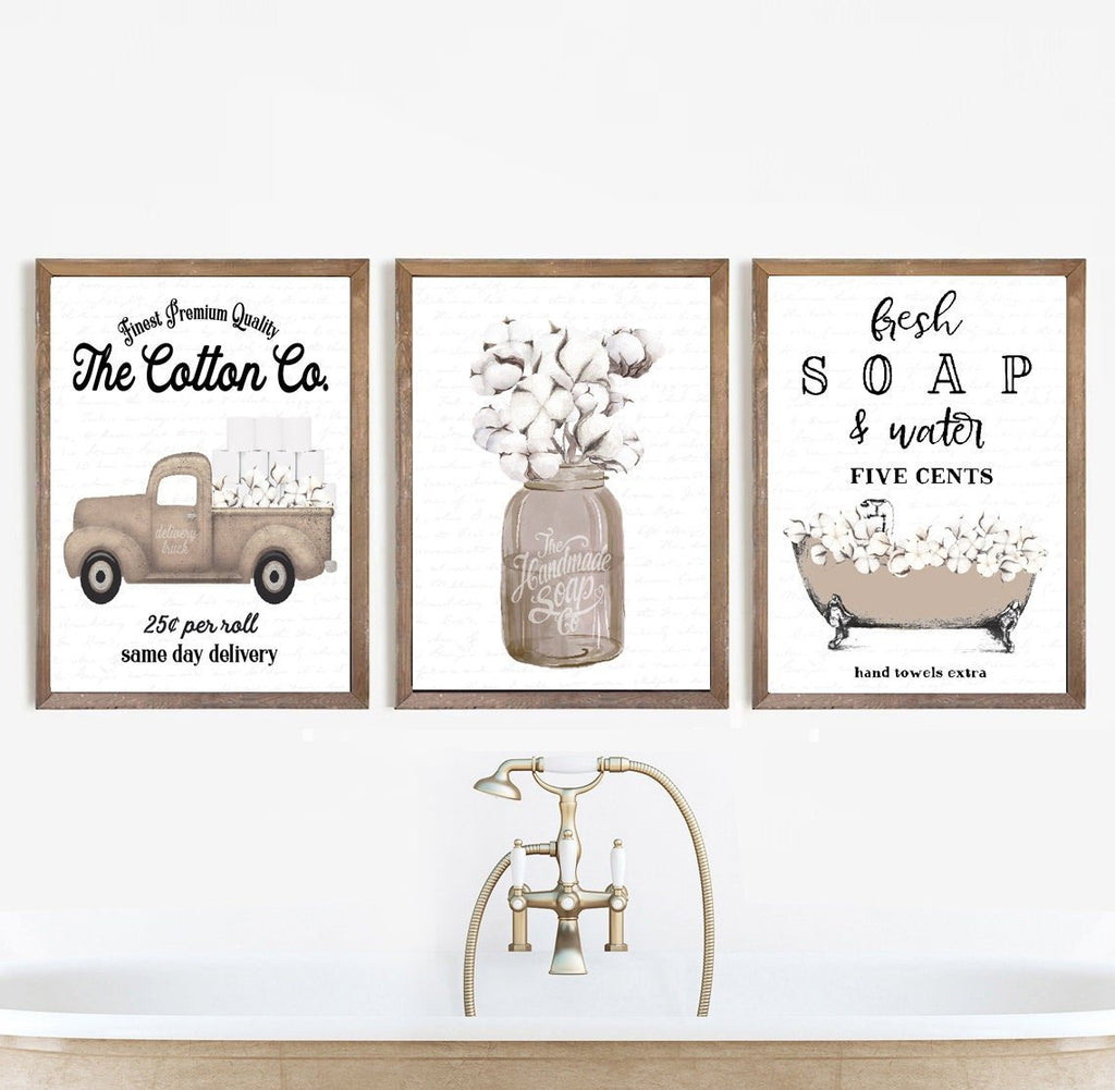 Set of 3 Natural Cotton Bathroom - Lettered & Lined