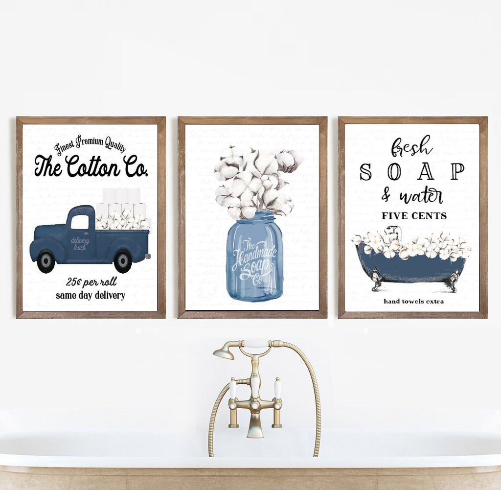 Set of 3 Navy Cotton Blue Bathroom - Lettered & Lined