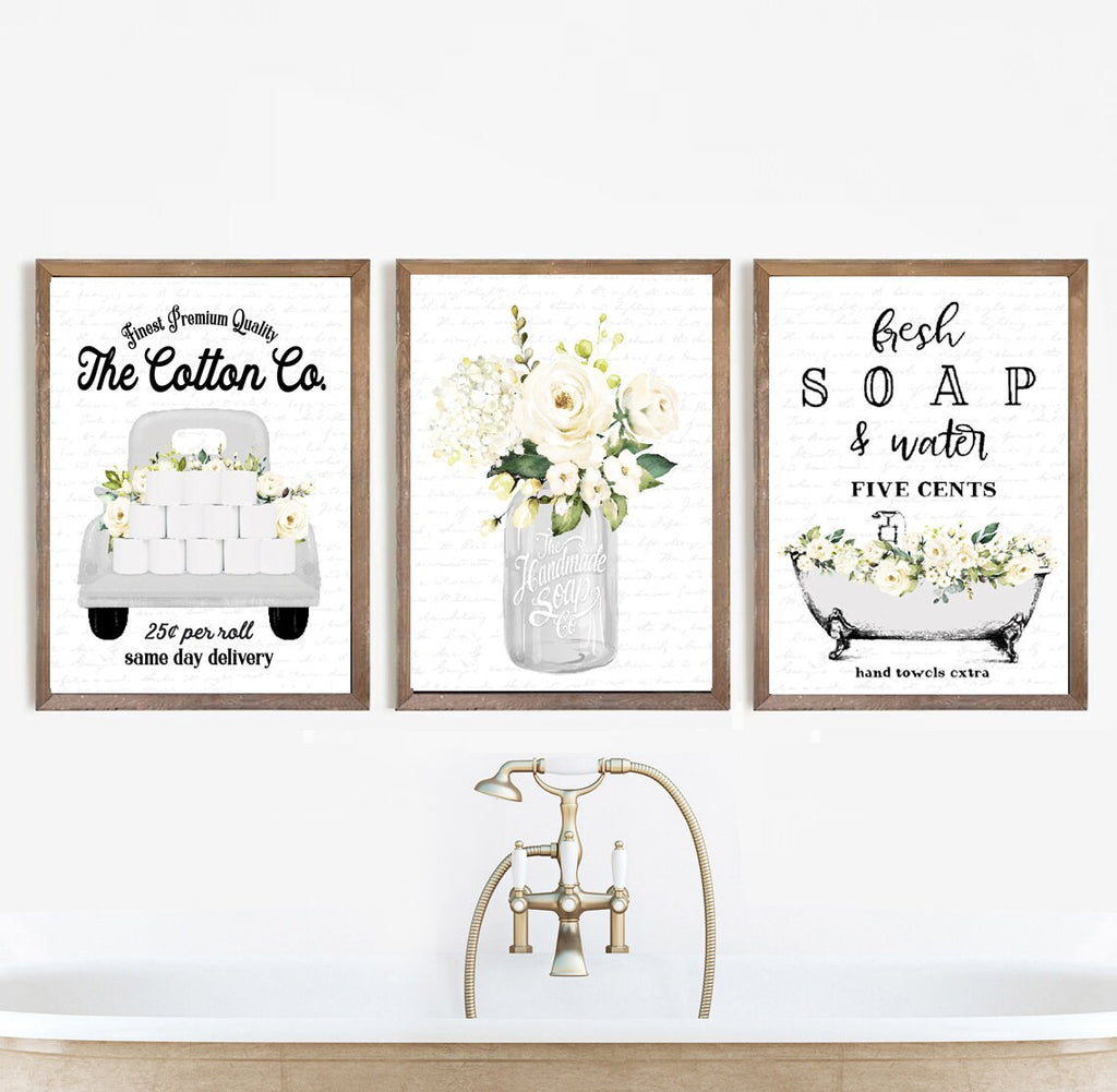 Set of 3 White with White Floral Bathroom Wall Art: The Cotton Co Truck  | Custom Bathroom Wall Decor | Farmhouse Bathroom  | Bathroom Signs