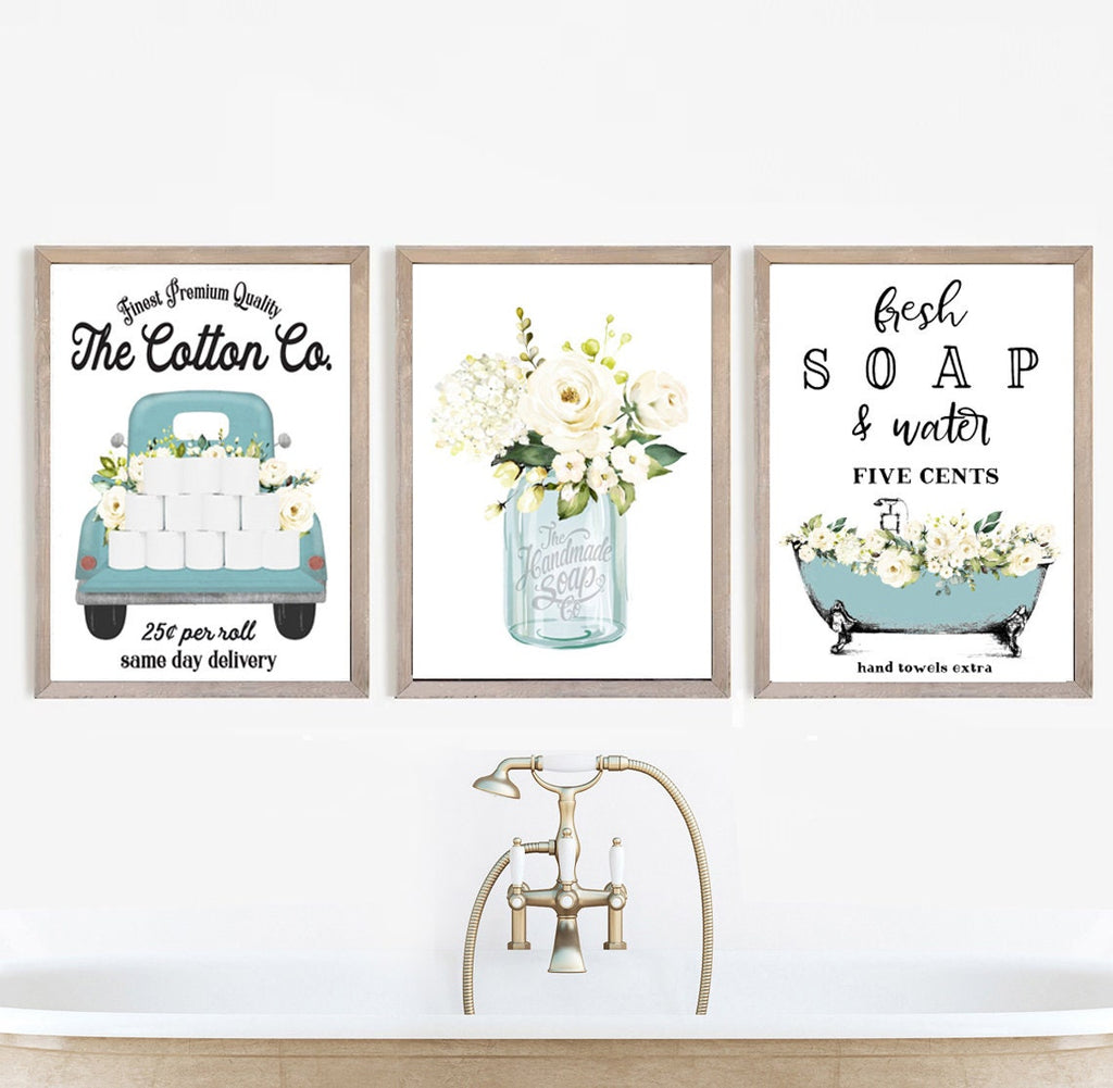 Set of 3 Blue Bathroom Wall Art: The Cotton Co Truck | Custom Bathroom Wall Decor | Farmhouse Bathroom Decor | Bathroom Sign | Vintage Print