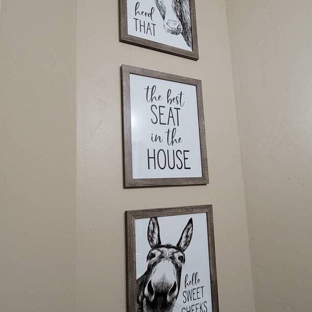 Set of 3 Bathroom Wall Art: Donkey, Best Seat, Cow | Custom Bathroom Wall Decor | Farmhouse Bathroom Decor | Bathroom Signs | Vintage Prints