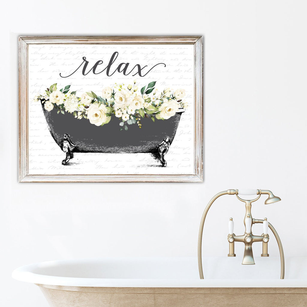 Relax Black Clawfoot Floral Bathtub Print 
