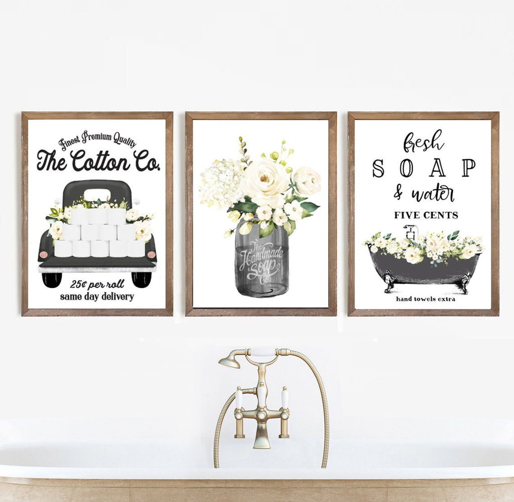 Black & White Bathroom Set of 3 Prints - Lettered & Lined