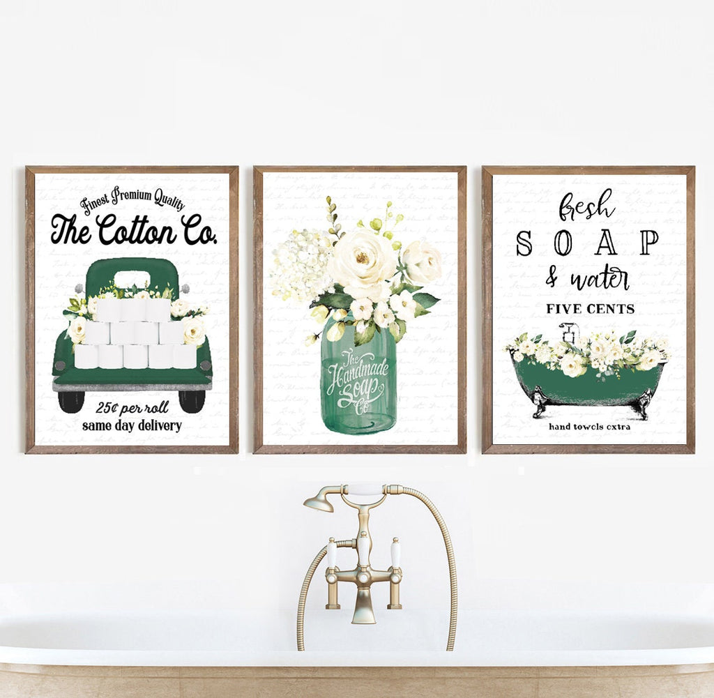 Set of 3 Emerald Green Bathroom Wall Art: The Cotton Co Truck  | Custom Bathroom Wall Decor | Farmhouse Bathroom Decor | Bathroom Signs