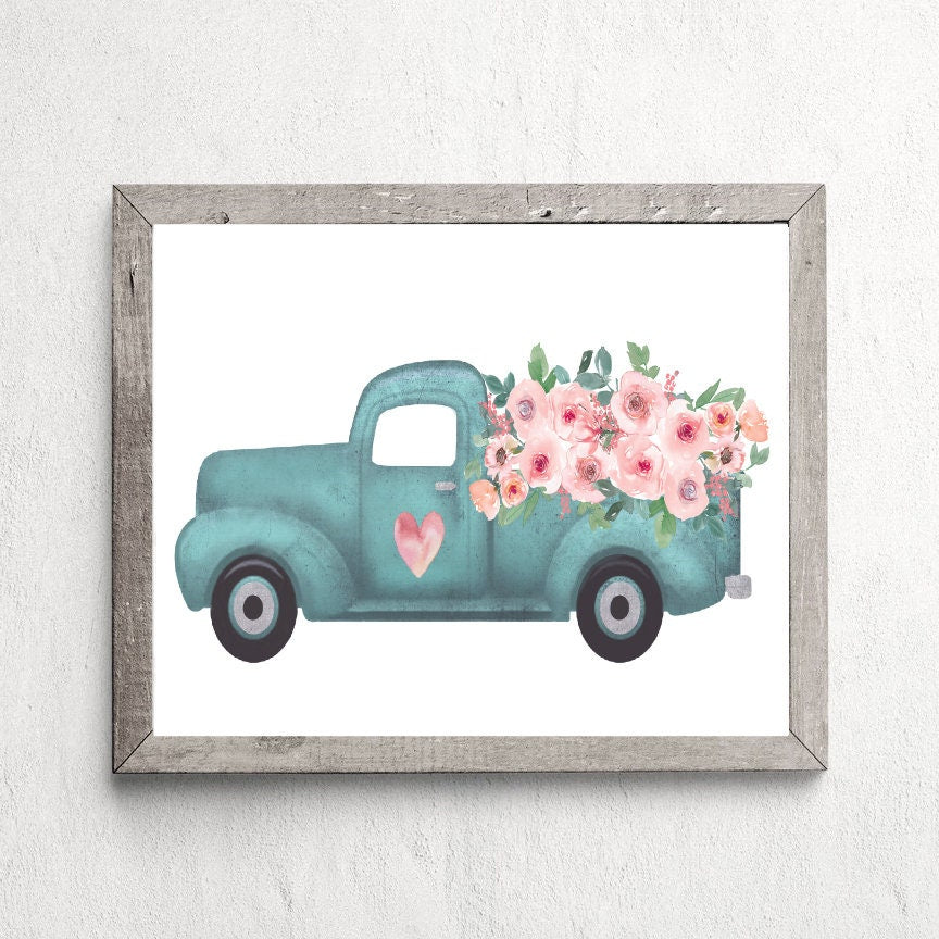 Blue Farm Truck Pink Floral Heart Print 